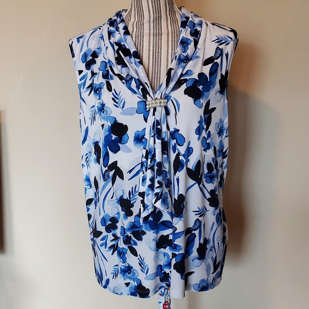 Karl Lagerfeld Paris Blue Floral Sleeveless Cowl Neck Pearl Blouse Top